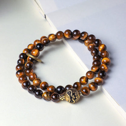 Buddha Stones Tibetan Black Obsidian Tiger Eye Copper Double Wrap Strength Bracelet