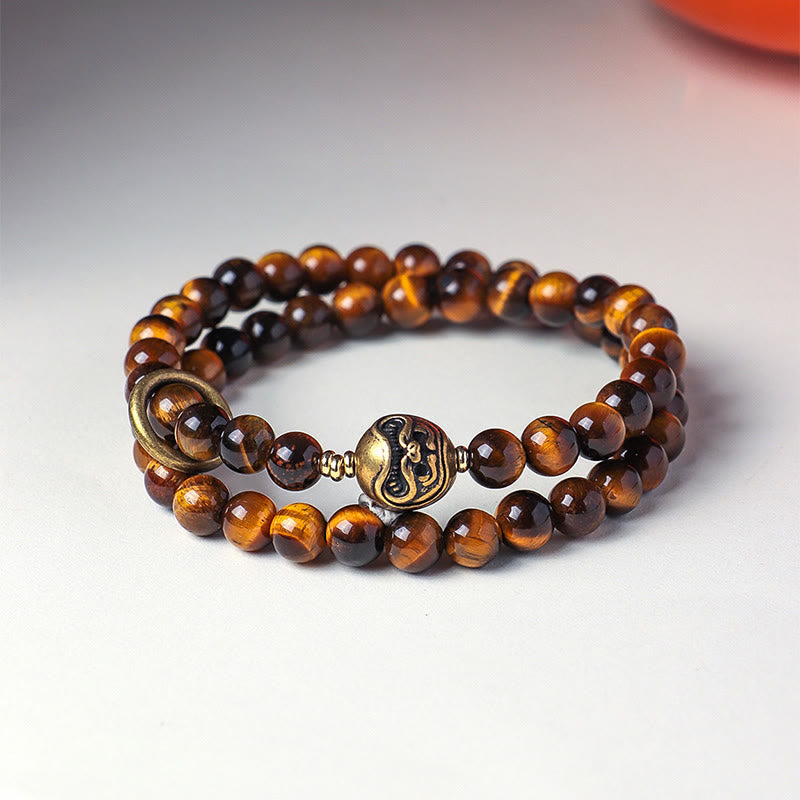 Buddha Stones Tibetan Black Obsidian Tiger Eye Copper Double Wrap Strength Bracelet