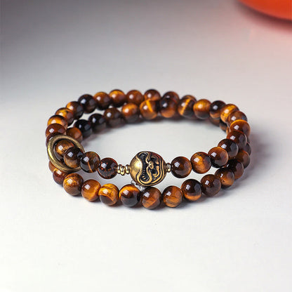 Buddha Stones Tibetan Black Obsidian Tiger Eye Copper Double Wrap Strength Bracelet