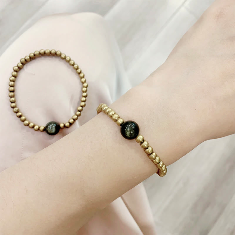 Buddha Stones Plated Copper Brass Gold Sheen Obsidian Protection Wealth Bracelet