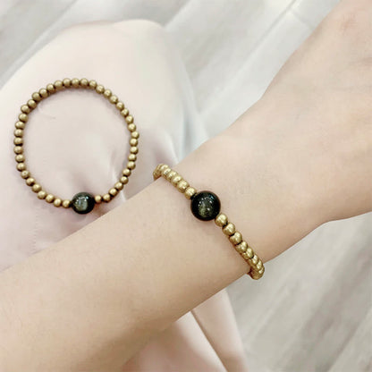 Buddha Stones Plated Copper Brass Gold Sheen Obsidian Protection Wealth Bracelet