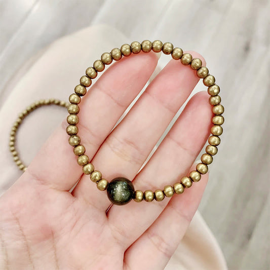 Buddha Stones Plated Copper Brass Gold Sheen Obsidian Protection Wealth Bracelet