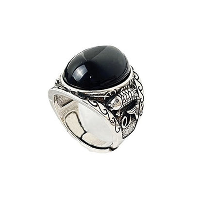 Buddha Stones Black Obsidian Koi Fish Symbol Strength Adjustable Ring