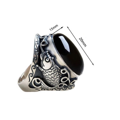 Buddha Stones Black Obsidian Koi Fish Symbol Strength Adjustable Ring