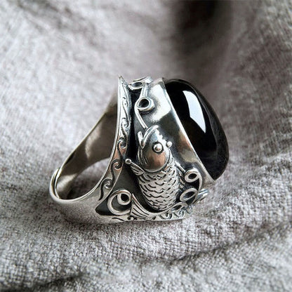 Buddha Stones Black Obsidian Koi Fish Symbol Strength Adjustable Ring
