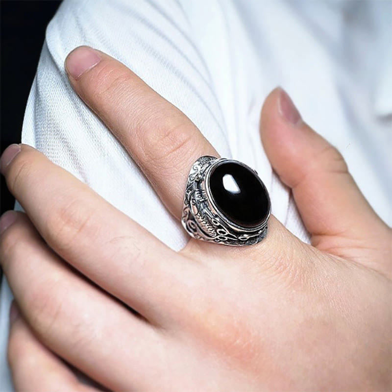 Buddha Stones Black Obsidian Koi Fish Symbol Strength Adjustable Ring