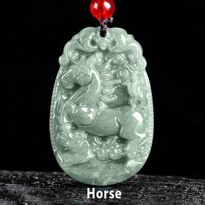 Buddha Stones Chinese Zodiac Jade Year of the Horse Luck Rope Necklace Pendant
