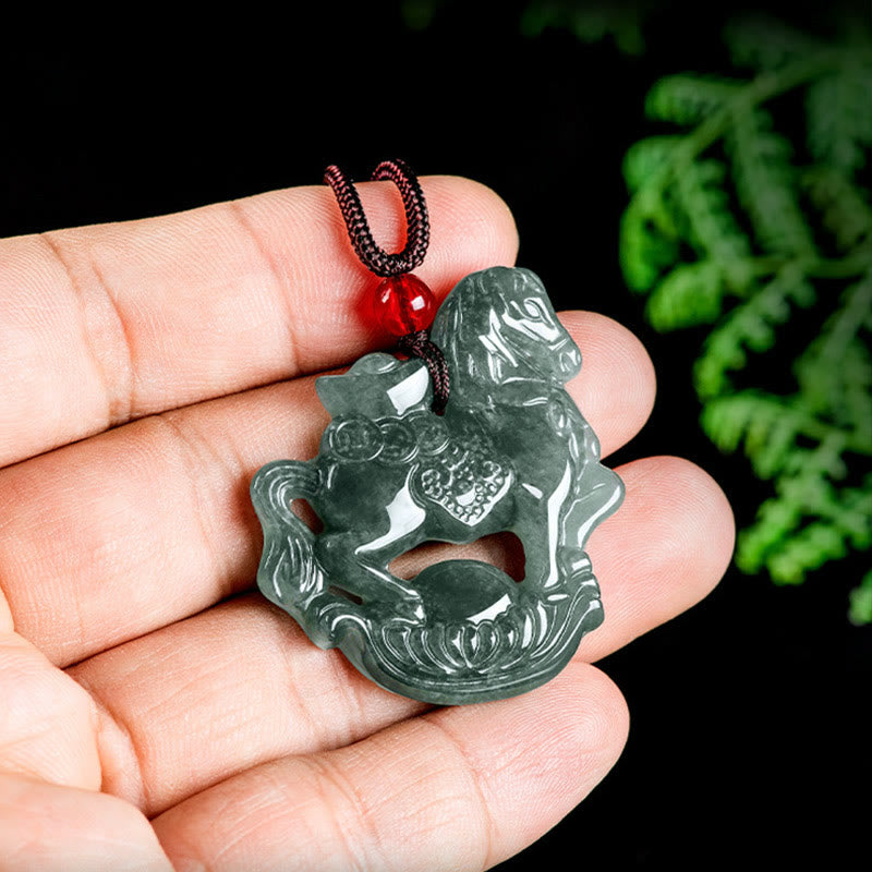Buddha Stones Year of the Horse Jade Ingot Luck Prosperity Rope Necklace Pendant