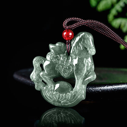 Buddha Stones Year of the Horse Jade Ingot Luck Prosperity Rope Necklace Pendant