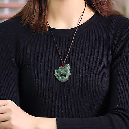 Buddha Stones Year of the Horse Jade Ingot Luck Prosperity Rope Necklace Pendant