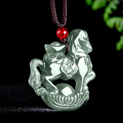 Buddha Stones Year of the Horse Jade Ingot Luck Prosperity Rope Necklace Pendant