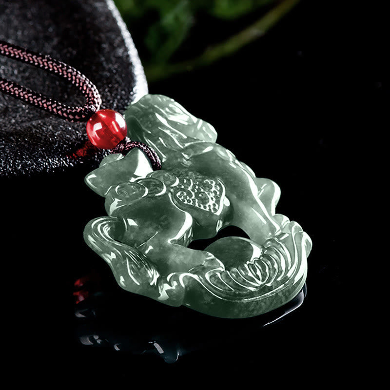 Buddha Stones Year of the Horse Jade Ingot Luck Prosperity Rope Necklace Pendant