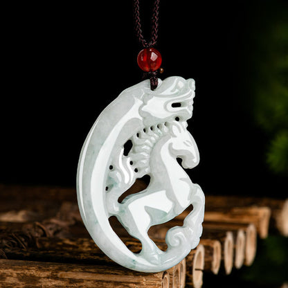 Buddha Stones Year of the Horse Dragon Jade Prosperity Rope Necklace Pendant