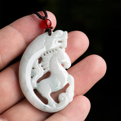 Buddha Stones Year of the Horse Dragon Jade Prosperity Rope Necklace Pendant