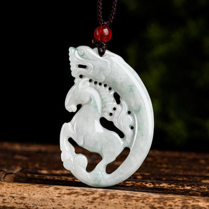 Buddha Stones Year of the Horse Dragon Jade Prosperity Rope Necklace Pendant