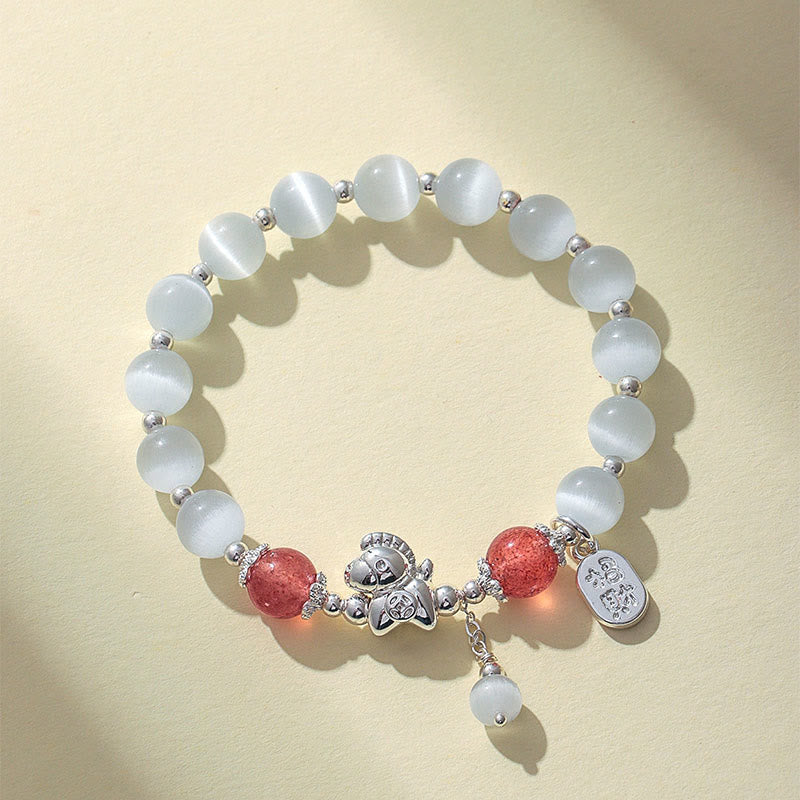 Buddha Stones Natural Cat's Eye Rose Quartz Crystal Year of the Horse Fu Character Love Bracelet