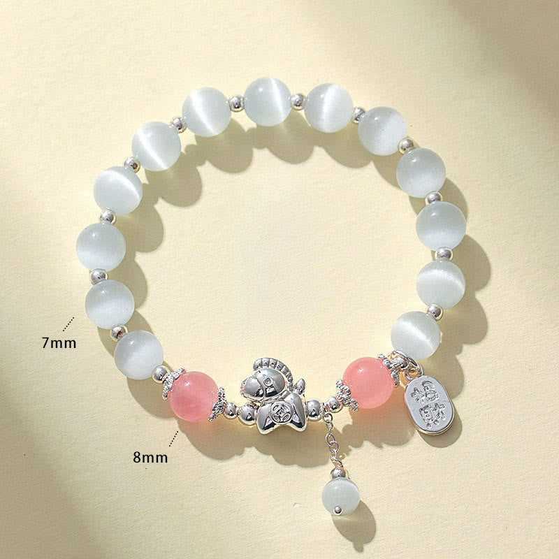 Buddha Stones Natural Cat's Eye Rose Quartz Crystal Year of the Horse Fu Character Love Bracelet