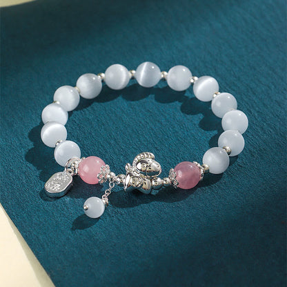 Buddha Stones Natural Cat's Eye Rose Quartz Crystal Year of the Horse Fu Character Love Bracelet