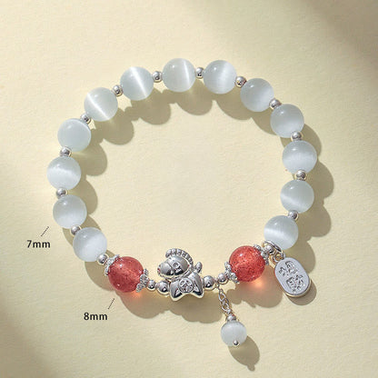 Buddha Stones Natural Cat's Eye Rose Quartz Crystal Year of the Horse Fu Character Love Bracelet