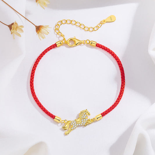 Buddha Stones 925 Sterling Silver Golden Chinese Zodiac Year Of The Horse Red String Luck Bracelet