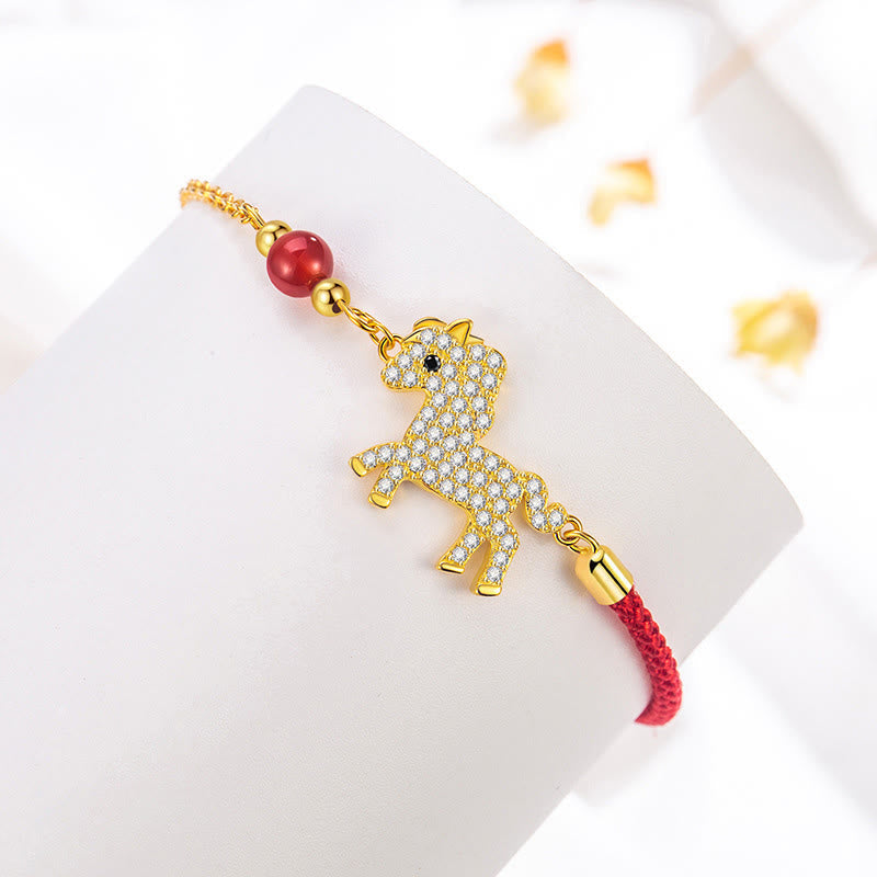 Buddha Stones 925 Sterling Silver Plated 18K Gold Horse Charm Red String Strength Braided Bracelet