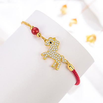 Buddha Stones 925 Sterling Silver Plated 18K Gold Horse Charm Red String Strength Braided Bracelet
