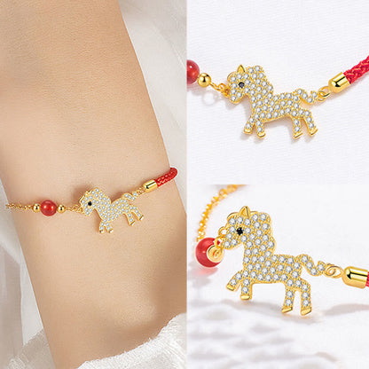 Buddha Stones 925 Sterling Silver Plated 18K Gold Horse Charm Red String Strength Braided Bracelet