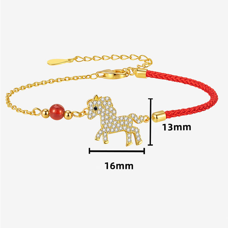 Buddha Stones 925 Sterling Silver Plated 18K Gold Horse Charm Red String Strength Braided Bracelet