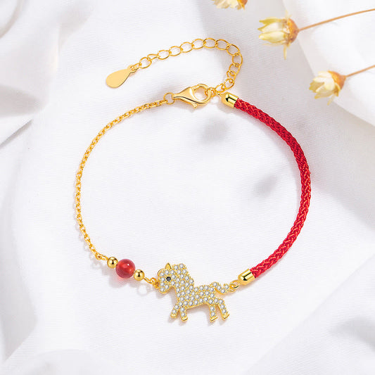 Buddha Stones 925 Sterling Silver Plated 18K Gold Horse Charm Red String Strength Braided Bracelet