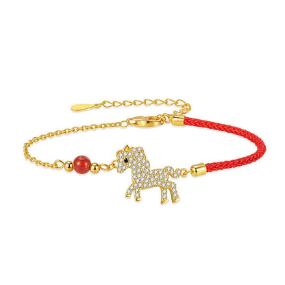 Buddha Stones 925 Sterling Silver Plated 18K Gold Horse Charm Red String Strength Braided Bracelet