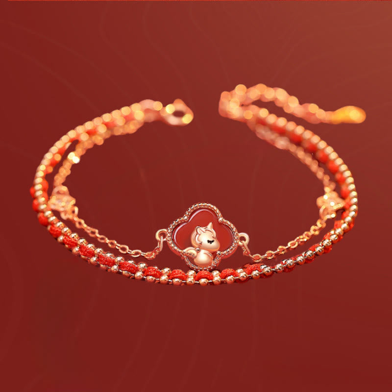 Buddha Stones 925 Sterling Silver Horse Four Leaf Clover Red Agate Hetian Jade Confidence Bracelet