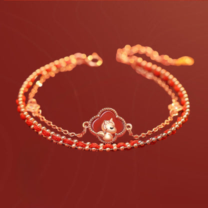 Buddha Stones 925 Sterling Silver Horse Four Leaf Clover Red Agate Hetian Jade Confidence Bracelet