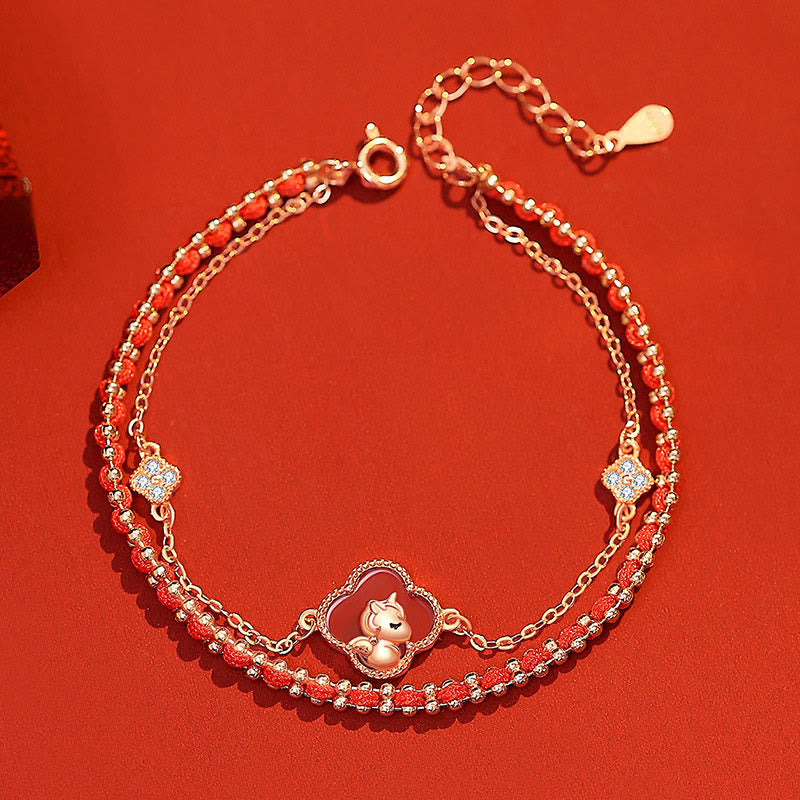 Buddha Stones 925 Sterling Silver Horse Four Leaf Clover Red Agate Hetian Jade Confidence Bracelet