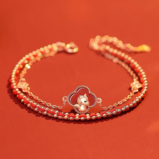 Buddha Stones 925 Sterling Silver Horse Four Leaf Clover Red Agate Hetian Jade Confidence Bracelet