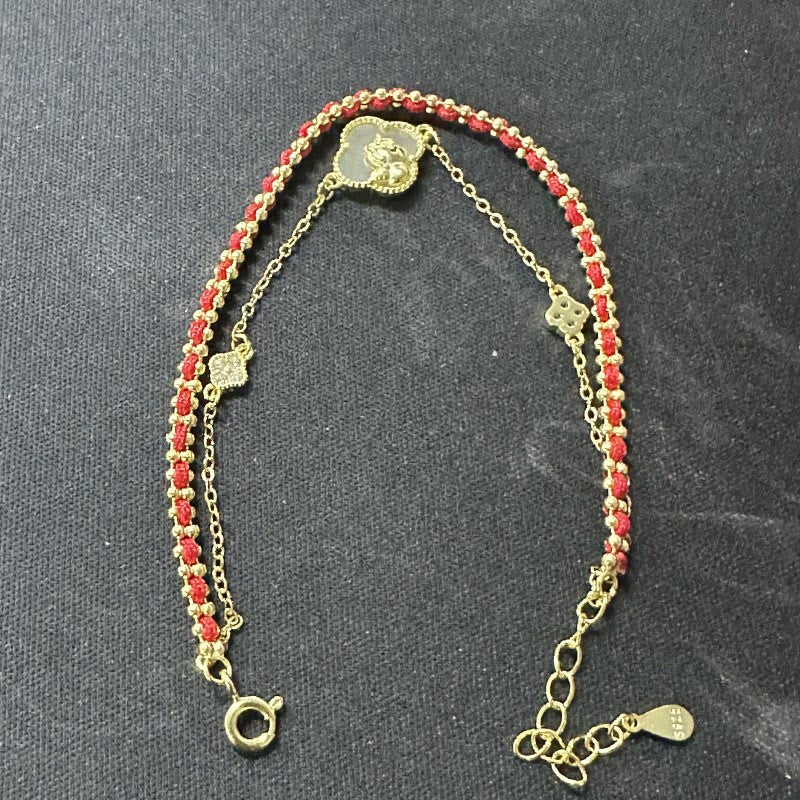 Buddha Stones 925 Sterling Silver Horse Four Leaf Clover Red Agate Hetian Jade Confidence Bracelet