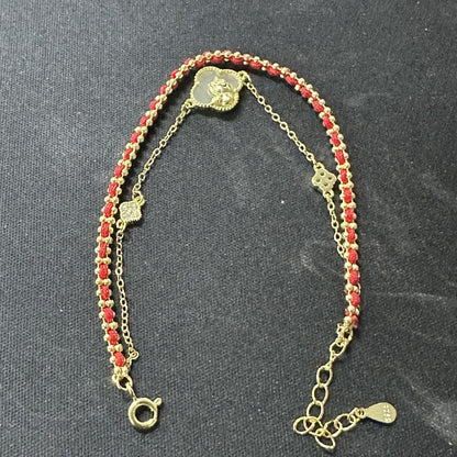 Buddha Stones 925 Sterling Silver Horse Four Leaf Clover Red Agate Hetian Jade Confidence Bracelet