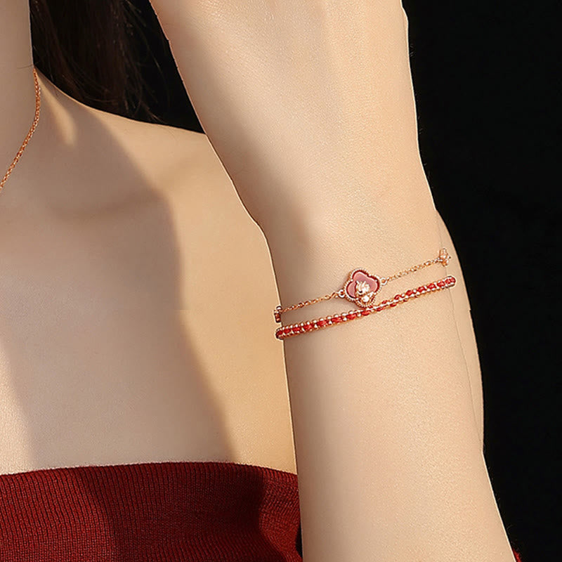 Buddha Stones 925 Sterling Silver Horse Four Leaf Clover Red Agate Hetian Jade Confidence Bracelet