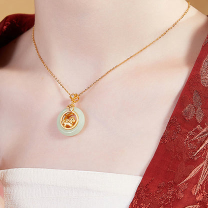 Buddha Stones 925 Sterling Silver Horse Hetian Jade Peace Buckle Fu Character Luck Necklace Pendant