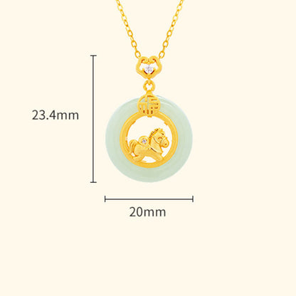 Buddha Stones 925 Sterling Silver Horse Hetian Jade Peace Buckle Fu Character Luck Necklace Pendant