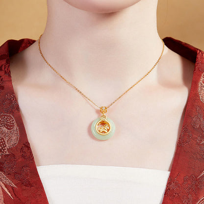 Buddha Stones 925 Sterling Silver Horse Hetian Jade Peace Buckle Fu Character Luck Necklace Pendant