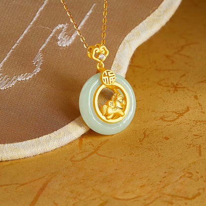 Buddha Stones 925 Sterling Silver Horse Hetian Jade Peace Buckle Fu Character Luck Necklace Pendant