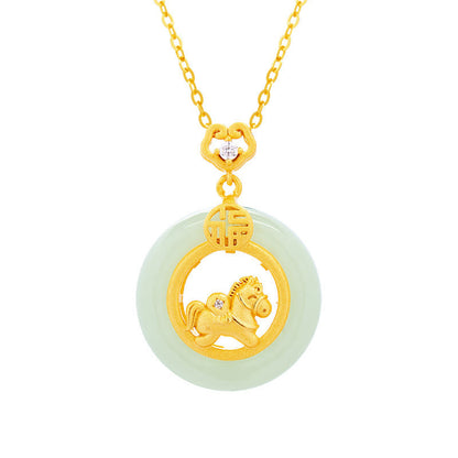 Buddha Stones 925 Sterling Silver Horse Hetian Jade Peace Buckle Fu Character Luck Necklace Pendant