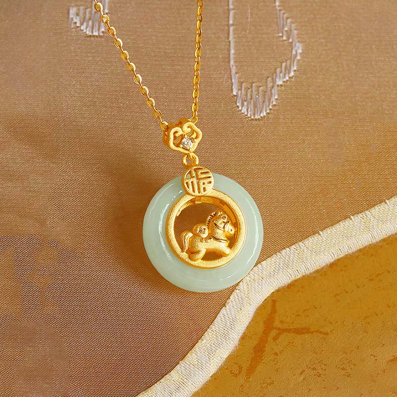 Buddha Stones 925 Sterling Silver Horse Hetian Jade Peace Buckle Fu Character Luck Necklace Pendant