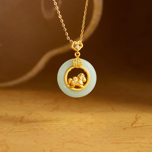 Buddha Stones 925 Sterling Silver Horse Hetian Jade Peace Buckle Fu Character Luck Necklace Pendant