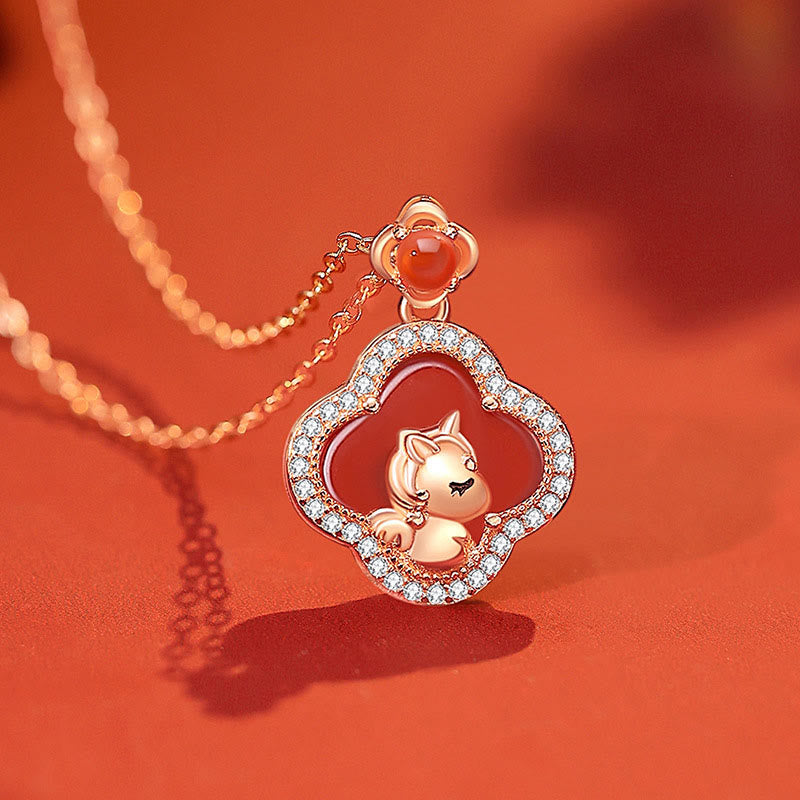 Buddha Stones 925 Sterling Silver Horse Charm Four Leaf Clover Red Agate Calm Necklace Pendant