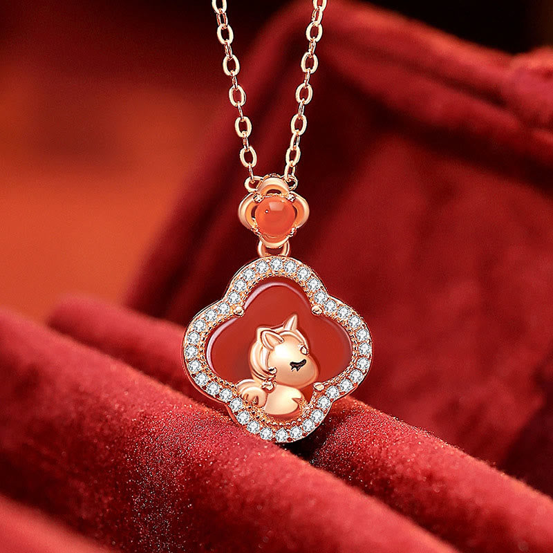 Buddha Stones 925 Sterling Silver Horse Charm Four Leaf Clover Red Agate Calm Necklace Pendant
