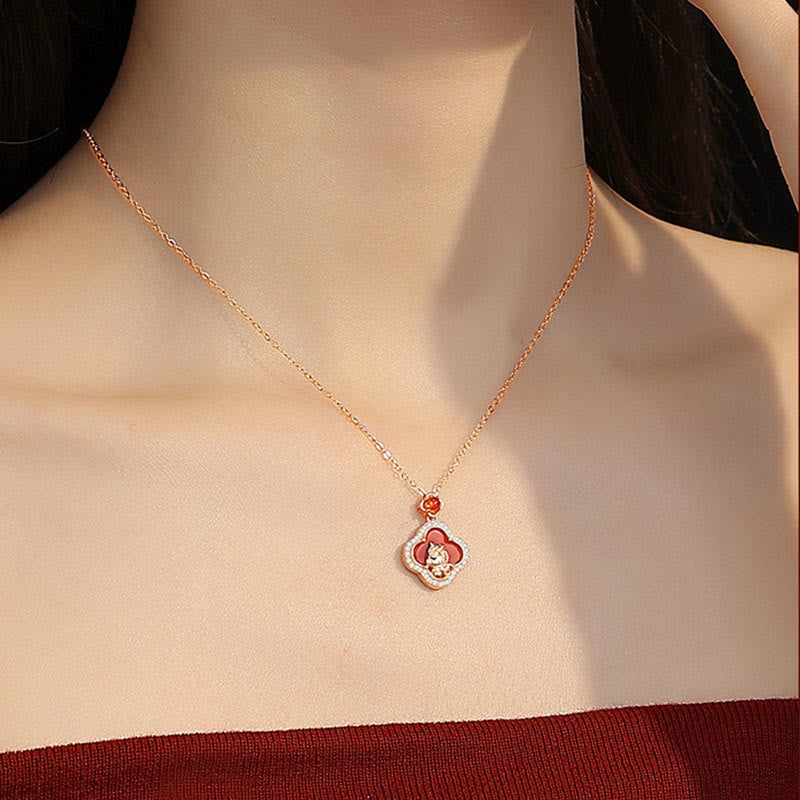 Buddha Stones 925 Sterling Silver Horse Charm Four Leaf Clover Red Agate Calm Necklace Pendant