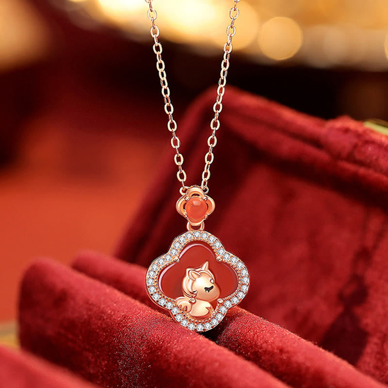 Buddha Stones 925 Sterling Silver Horse Charm Four Leaf Clover Red Agate Calm Necklace Pendant