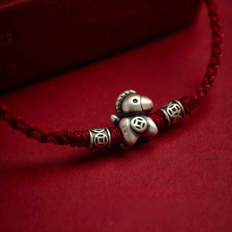 Buddha Stones Year of the Horse 999 Sterling Silver String Braided Protection Bracelet