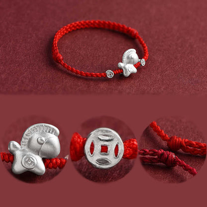 Buddha Stones Year of the Horse 999 Sterling Silver Copper Coins Luck Rope Braided Bracelet Anklet